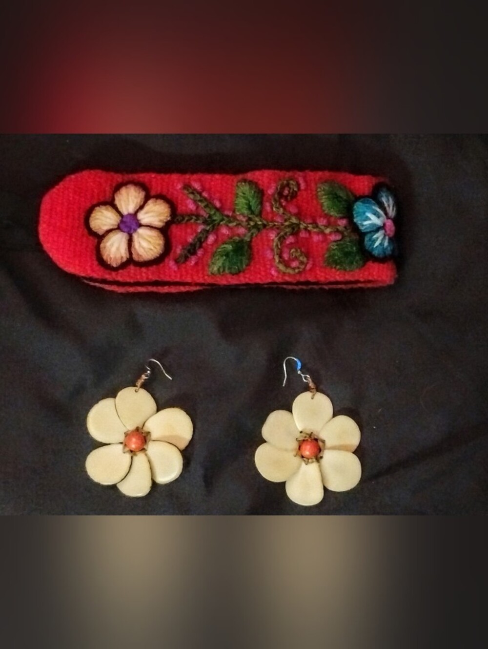 Boho Embroidered Floral Headband & Flower Dangle Earrings Set